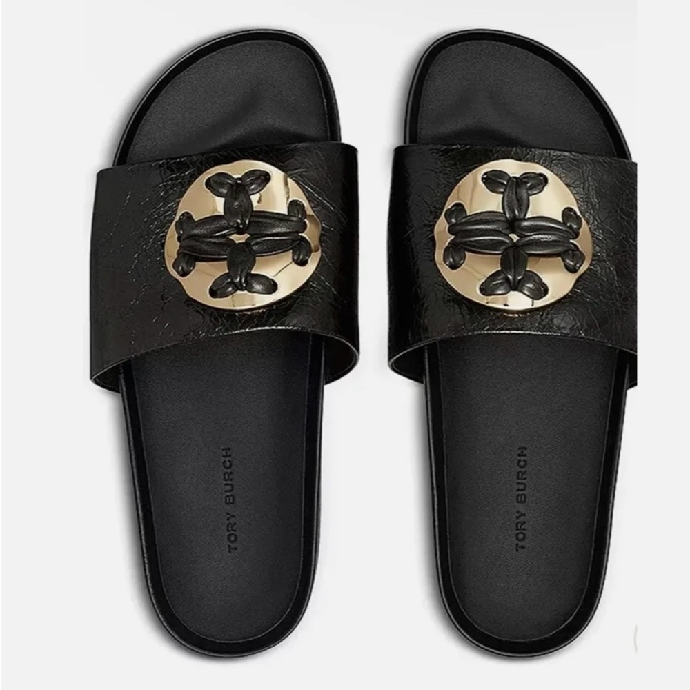 Tory Burch Woven Double T Platform Slide /Crinkle Leather/ Black/